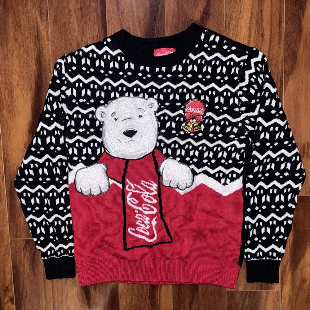Coca Cola Christmas Sweater Mens L Polar Bear Ugly Holiday 3D Applique Black Red